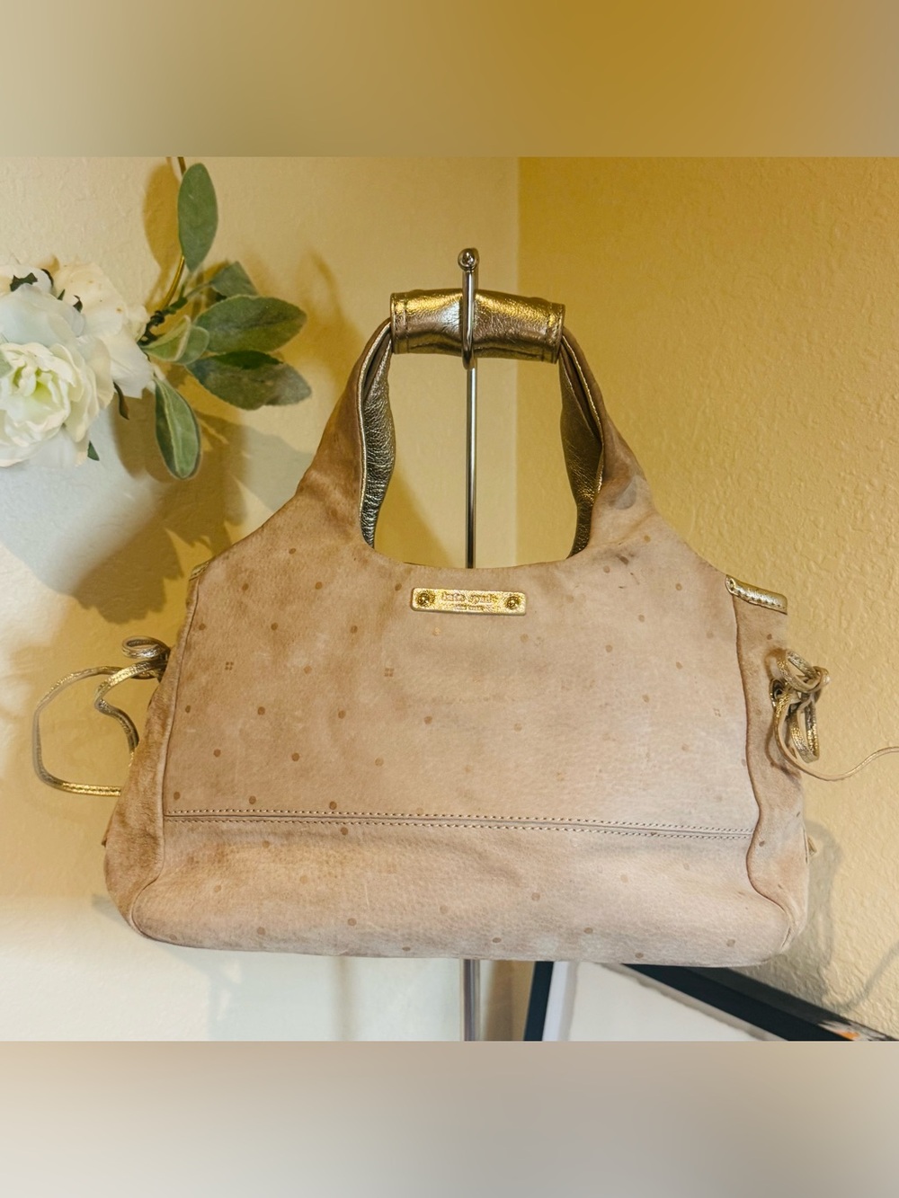 Kate Spade Beige Suede Tote Handbag - Gold Accents
